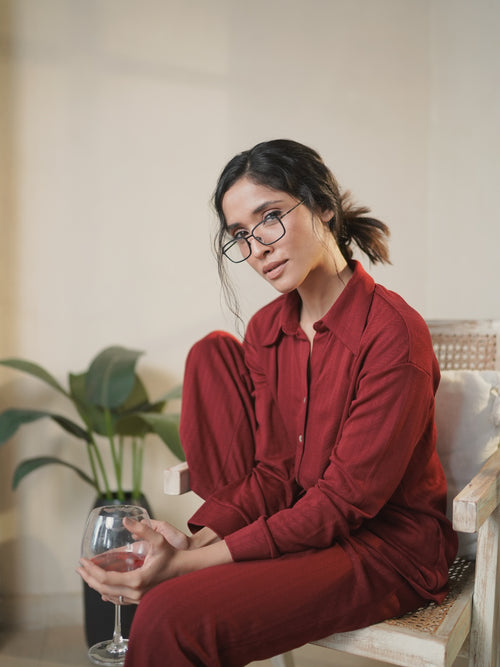 Red Button Down Textured Jersey Co-Ord Set
