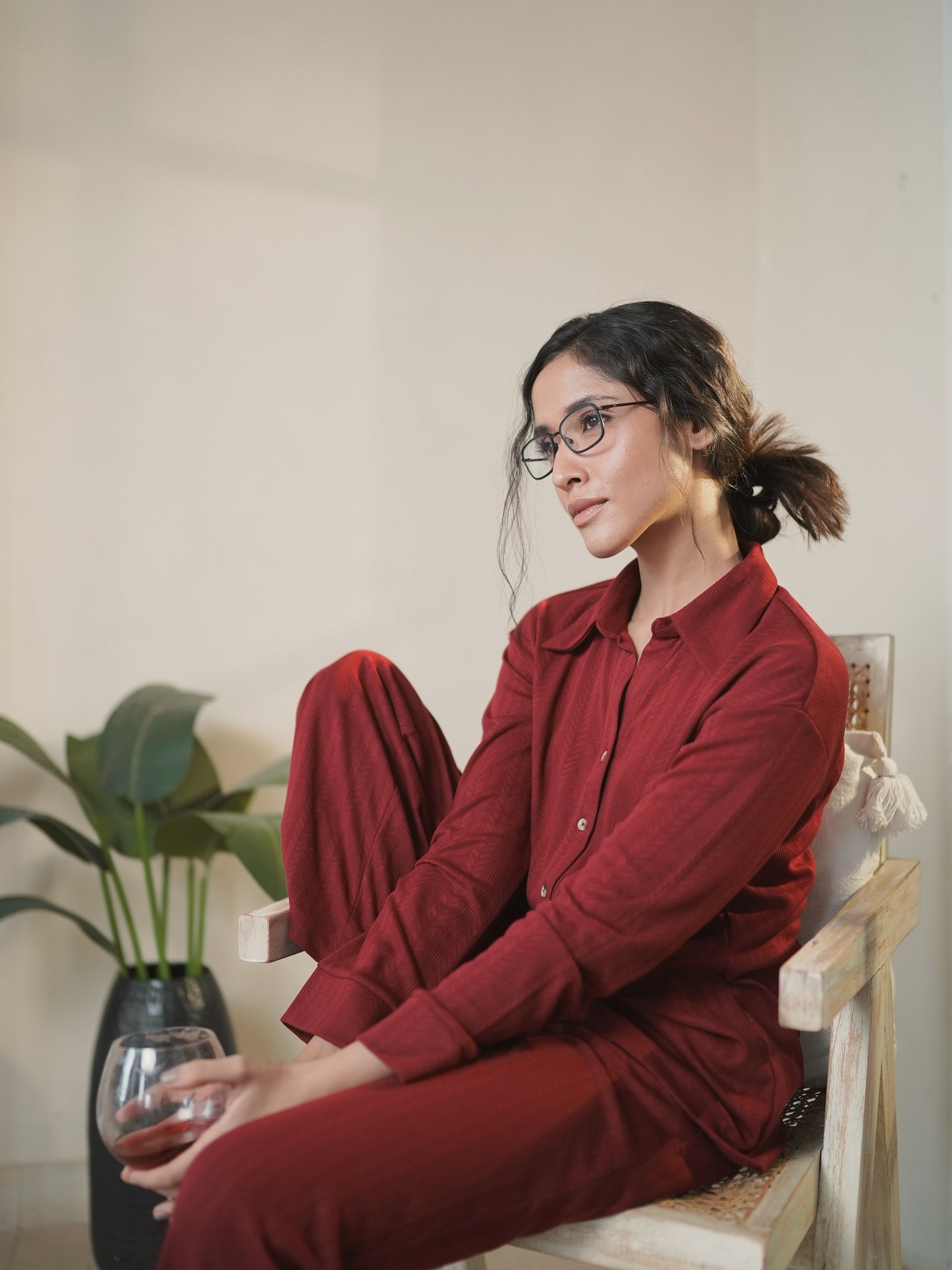 Red Button Down Textured Jersey Co-Ord Set