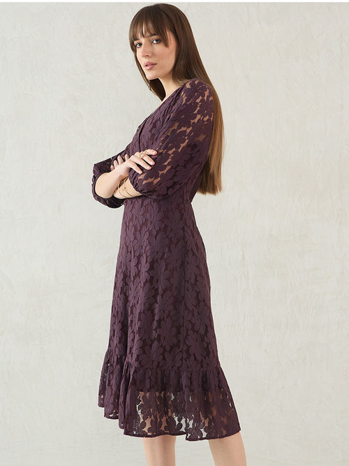 Wine Lace Fixed Wrap Midi Dress