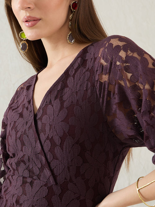 Wine Lace Fixed Wrap Midi Dress
