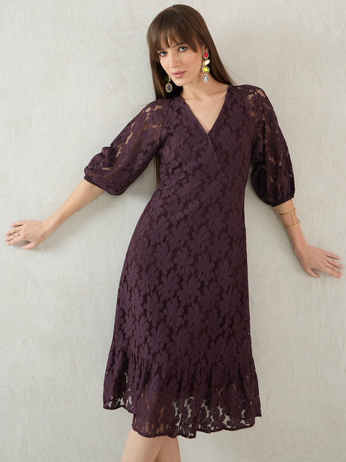 Wine Lace Fixed Wrap Midi Dress