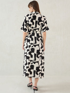 Black And White Print Shirt Midi Dress