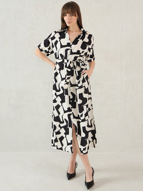Black And White Print Shirt Midi Dress