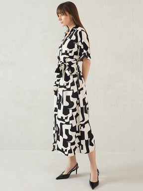 Black And White Print Shirt Midi Dress