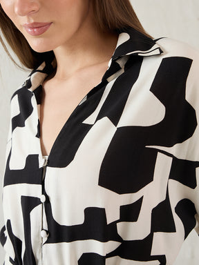 Black And White Print Shirt Midi Dress