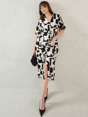 Black And White Print Shirt Midi Dress