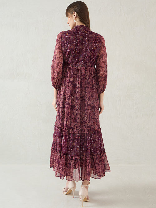 Wine Paisley Printed Tiered Maxi Dress