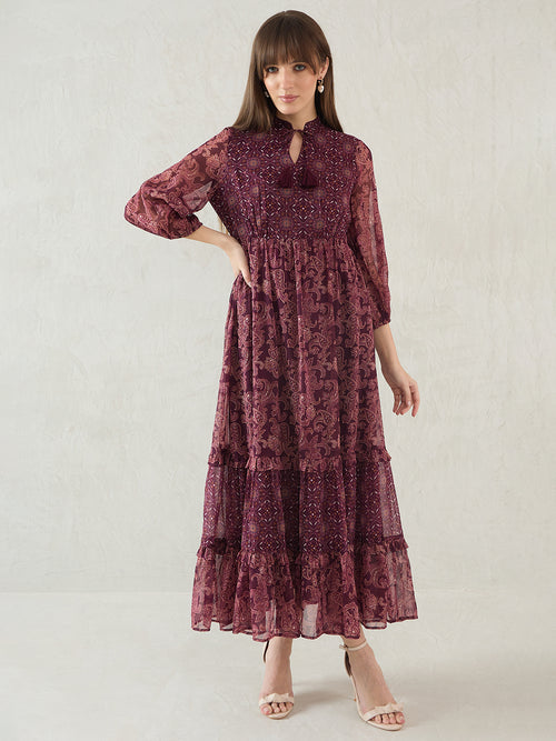 Wine Paisley Printed Tiered Maxi Dress