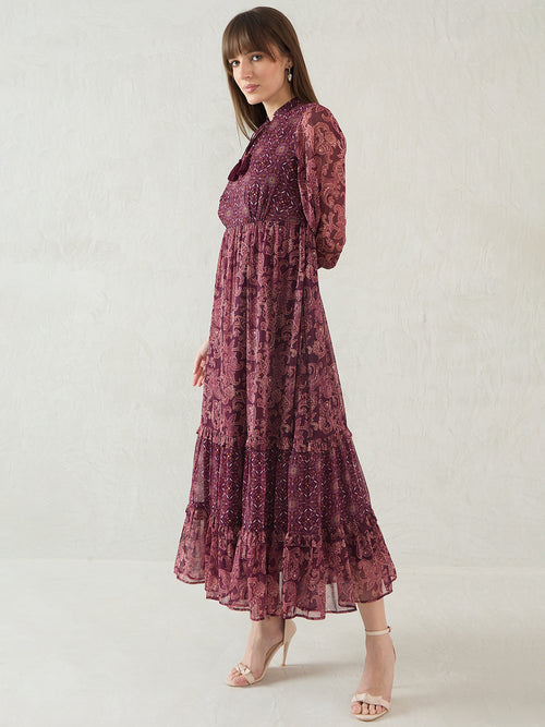 Wine Paisley Printed Tiered Maxi Dress