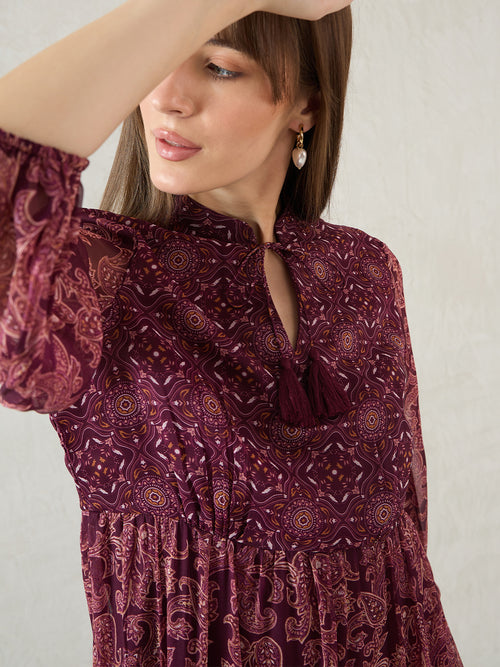Wine Paisley Printed Tiered Maxi Dress
