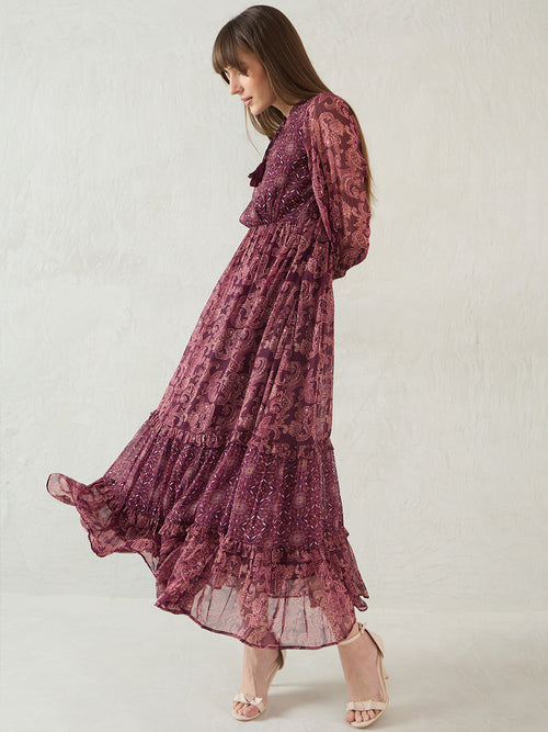 Wine Paisley Printed Tiered Maxi Dress