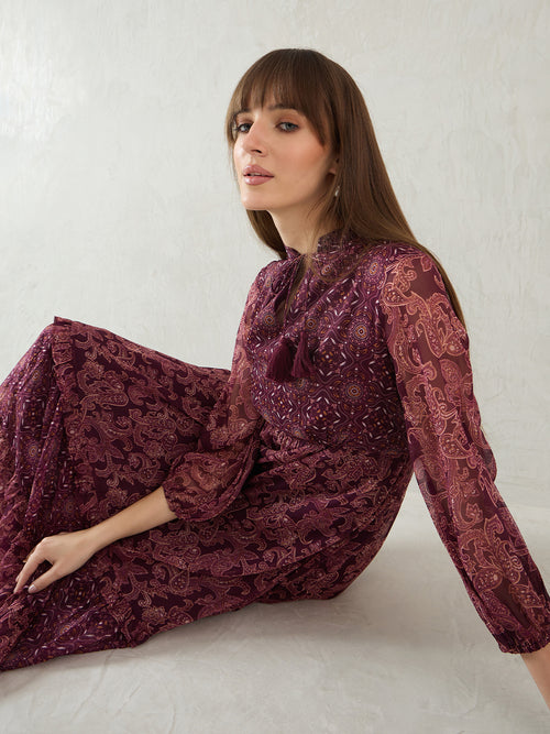 Wine Paisley Printed Tiered Maxi Dress