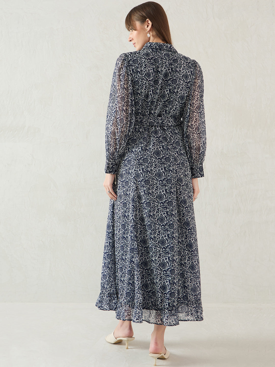 Navy Floral Printed Solid Placket Detail Maxi Dress