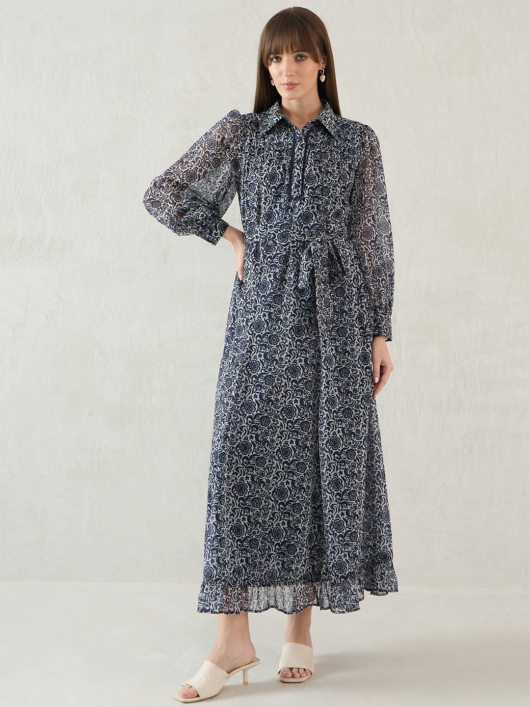 Navy Floral Printed Solid Placket Detail Maxi Dress