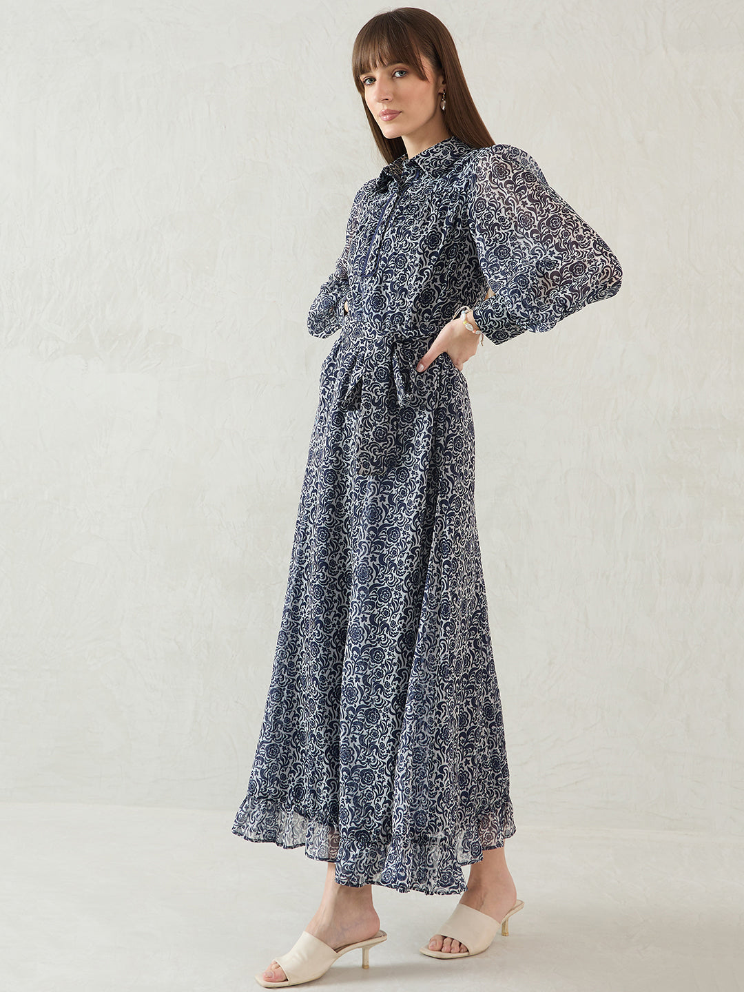 Navy Floral Printed Solid Placket Detail Maxi Dress