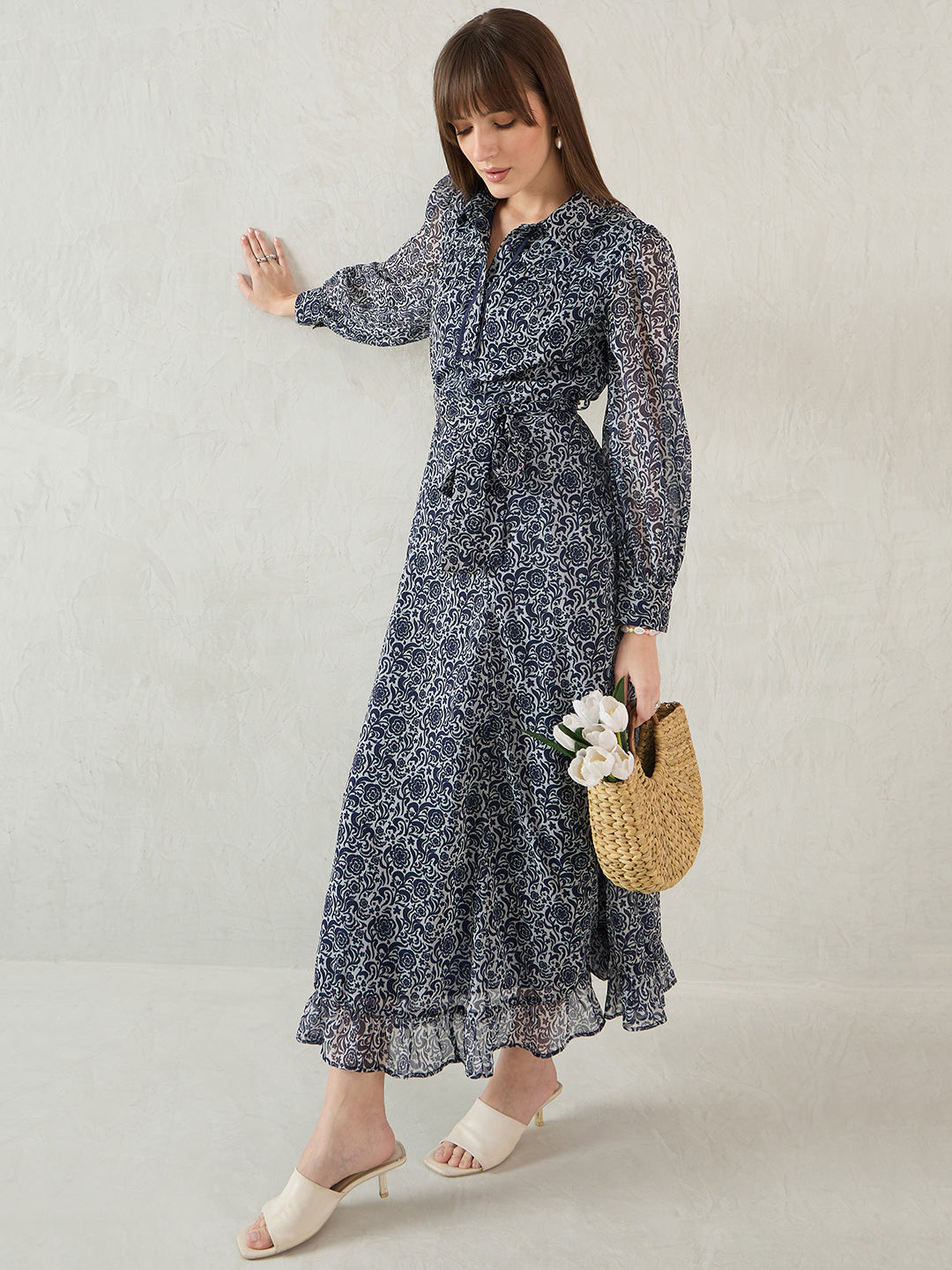 Navy Floral Printed Solid Placket Detail Maxi Dress