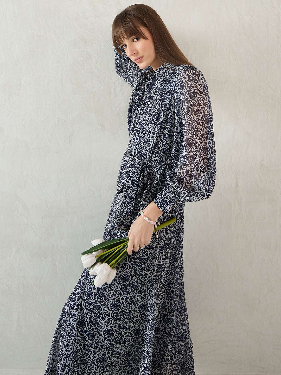 Navy Floral Printed Solid Placket Detail Maxi Dress