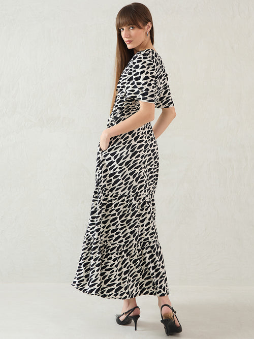 Black And White Abstract Print Tiered Maxi Dress