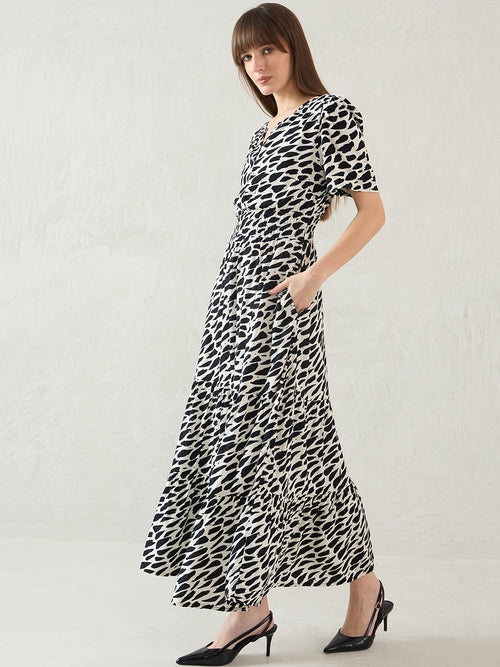 Black And White Abstract Print Tiered Maxi Dress