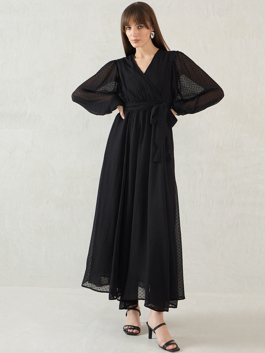 Black Chiffon Dobby Wrap Maxi Dress