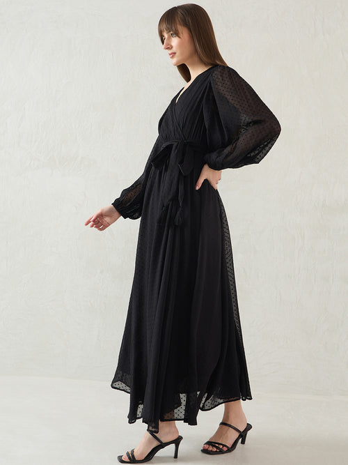 Black Chiffon Dobby Wrap Maxi Dress