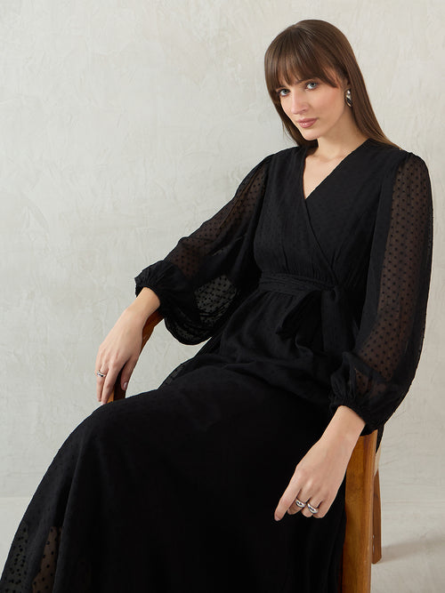 Black Chiffon Dobby Wrap Maxi Dress