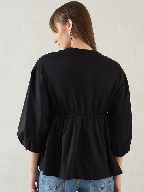 Black Cotton Half-Zip Peplum Top
