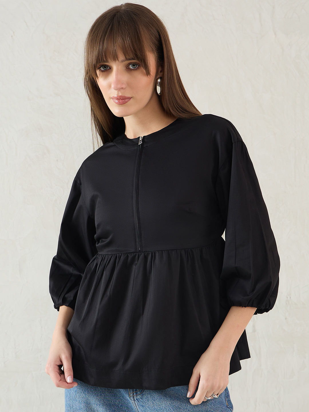 Black Cotton Half-Zip Peplum Top