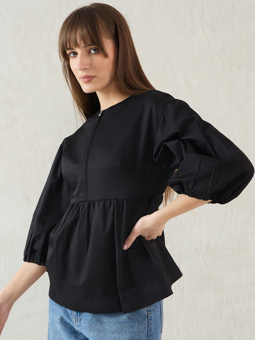 Black Cotton Half-Zip Peplum Top