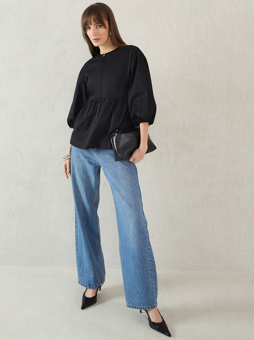 Black Cotton Half-Zip Peplum Top