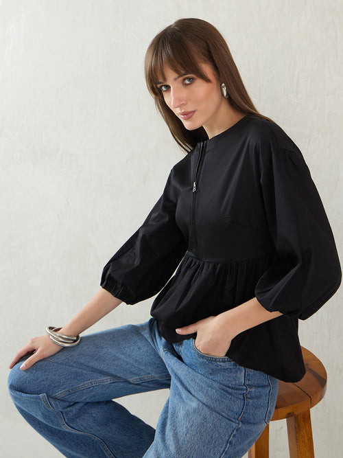 Black Cotton Half-Zip Peplum Top