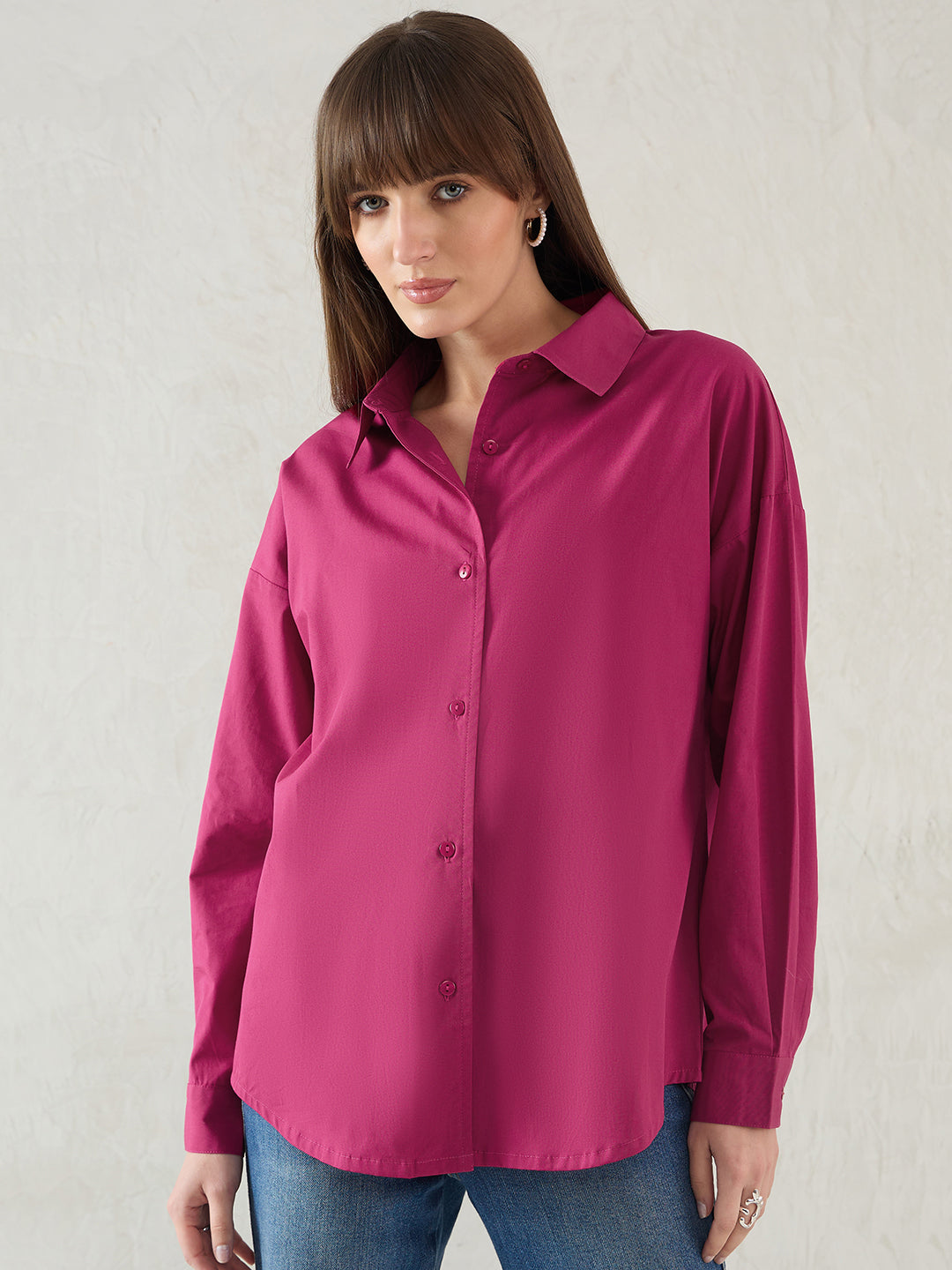 Deep Pink Cotton Back Button Detailing Shirt