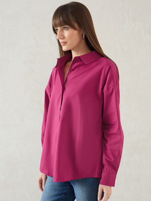 Deep Pink Cotton Back Button Detailing Shirt