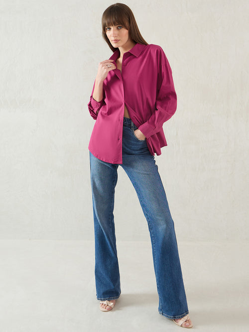 Deep Pink Cotton Back Button Detailing Shirt