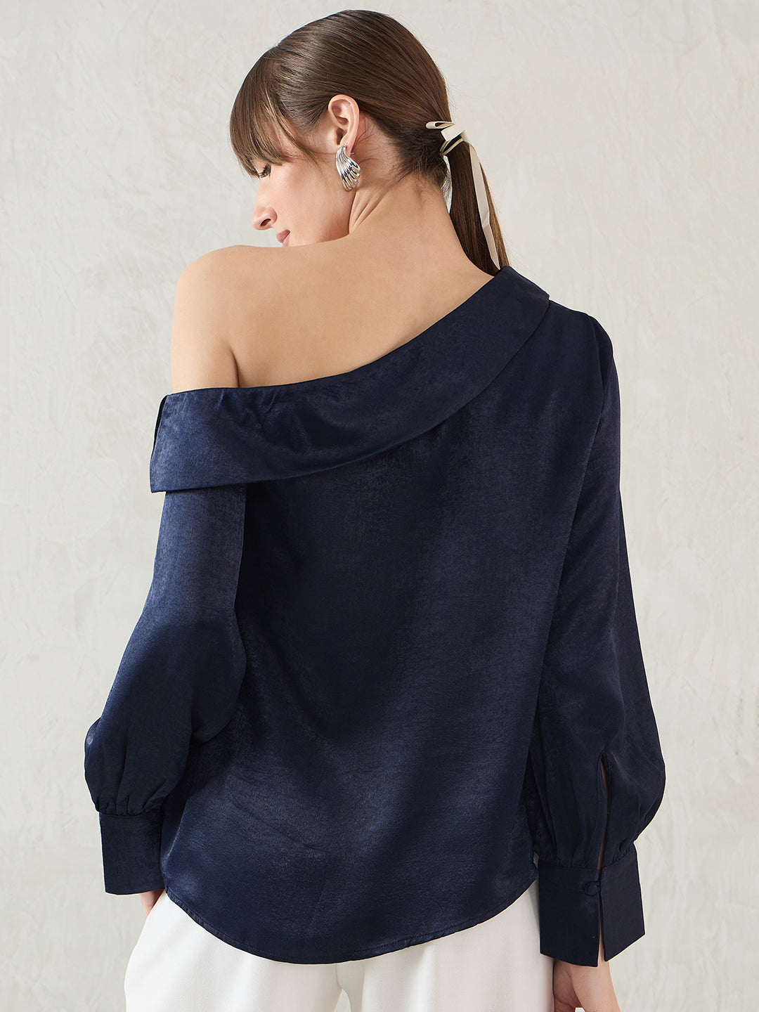 Navy One Shoulder Detail Satin Top