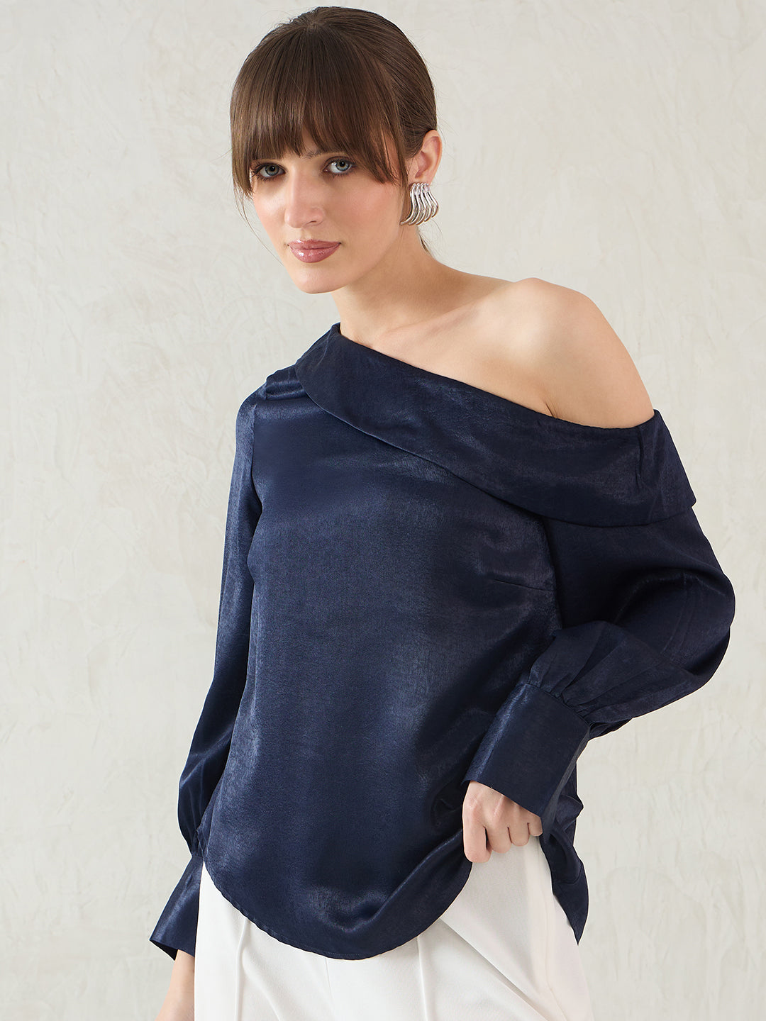 Navy One Shoulder Detail Satin Top