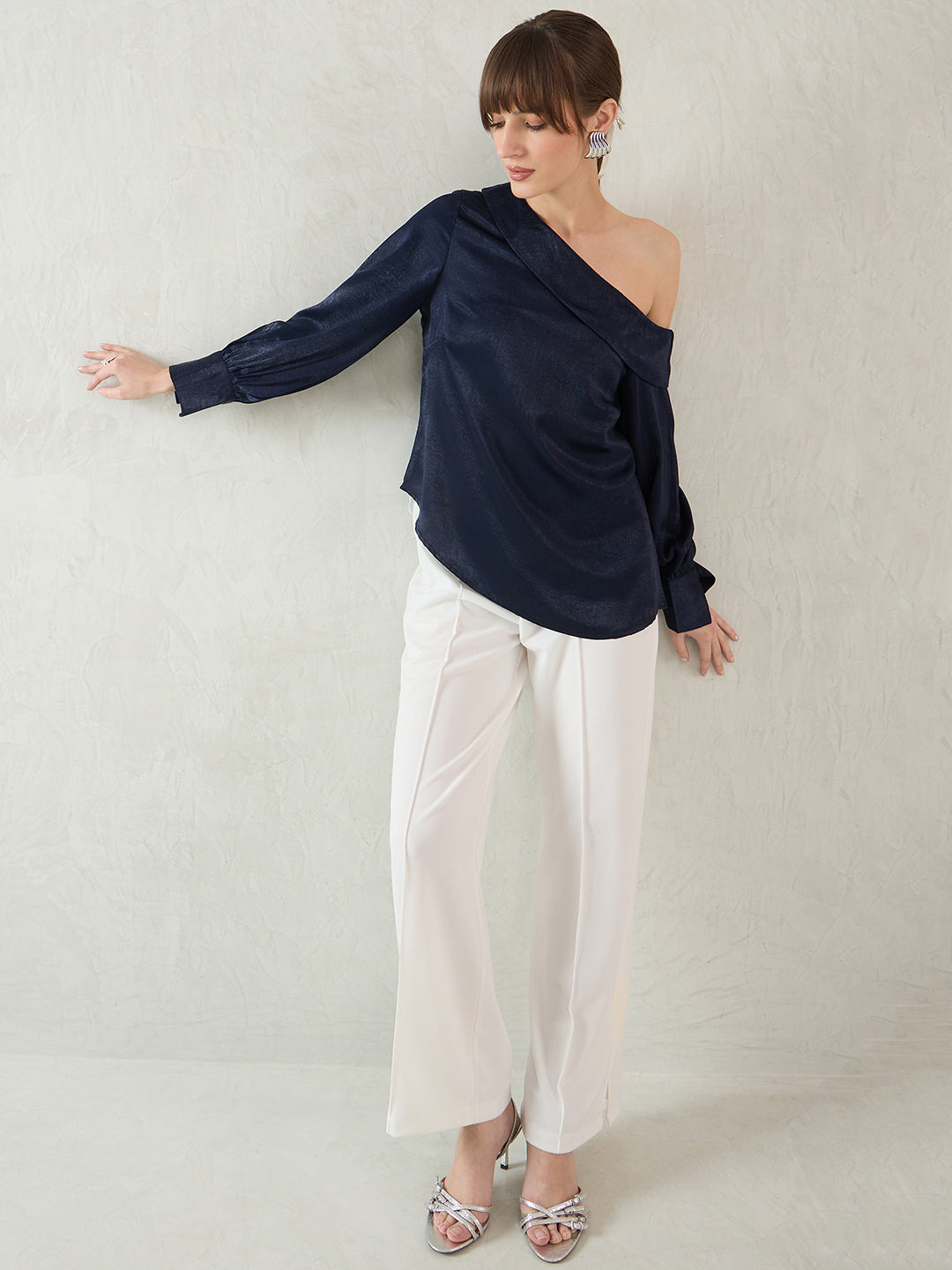 Navy One Shoulder Detail Satin Top