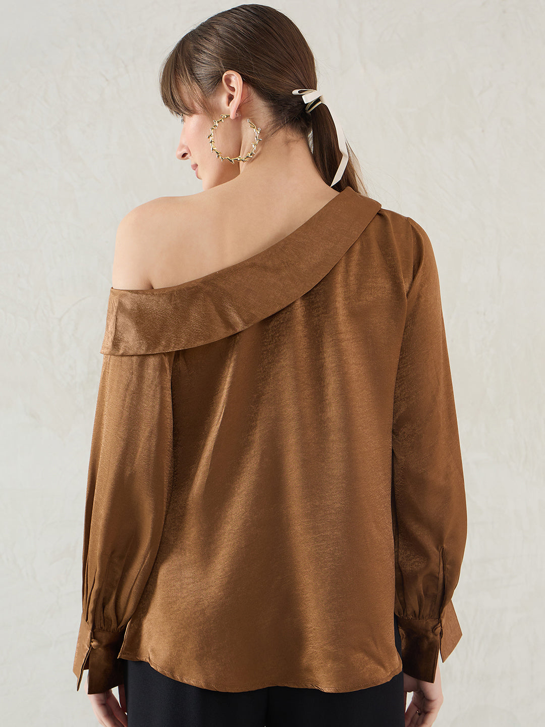Brown One Shoulder Detail Satin Top