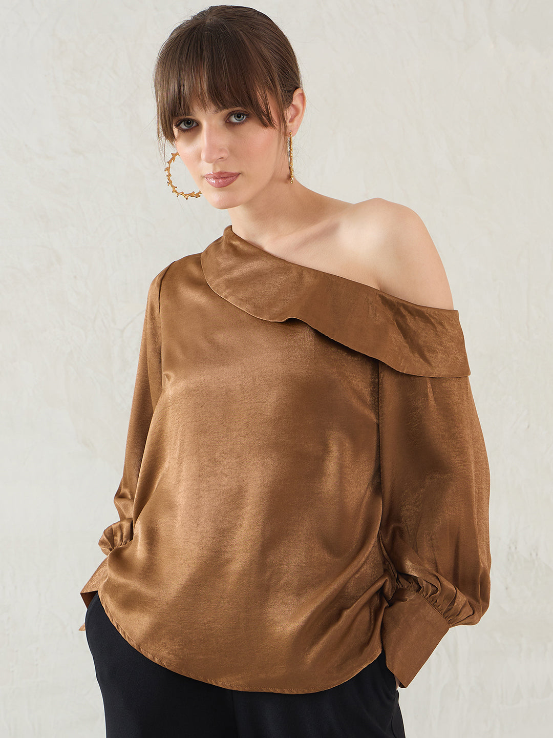 Brown One Shoulder Detail Satin Top
