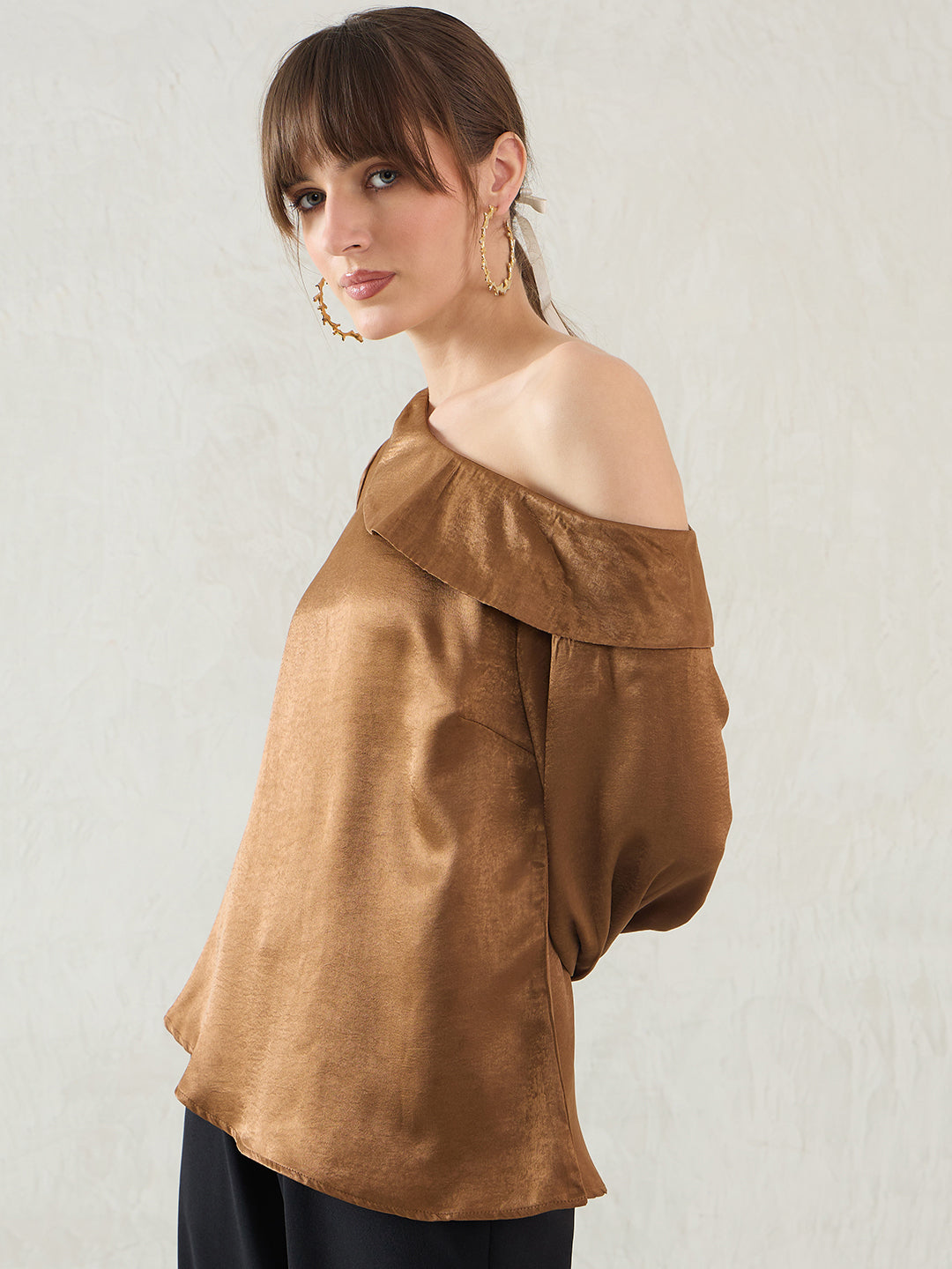 Brown One Shoulder Detail Satin Top
