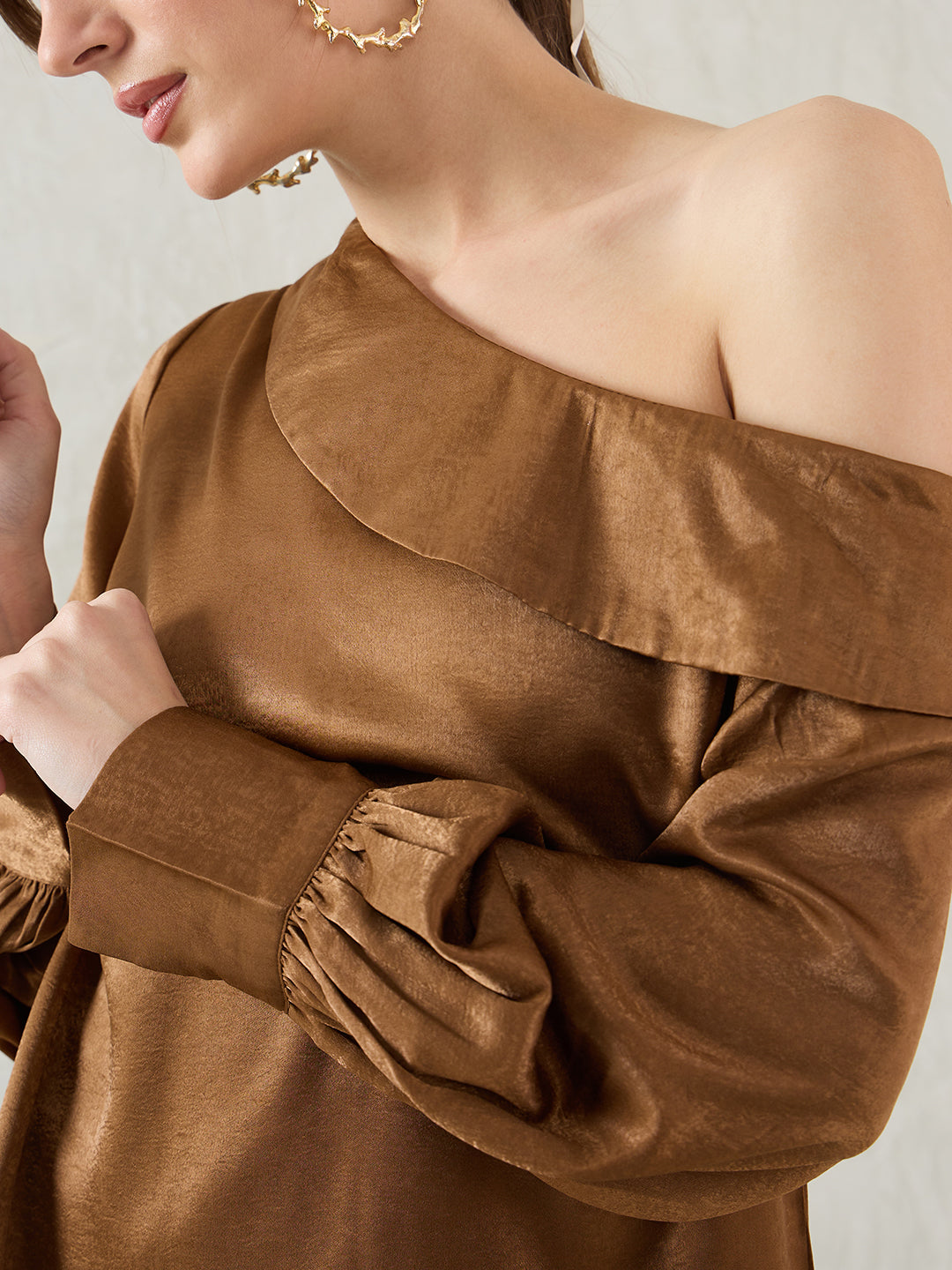 Brown One Shoulder Detail Satin Top
