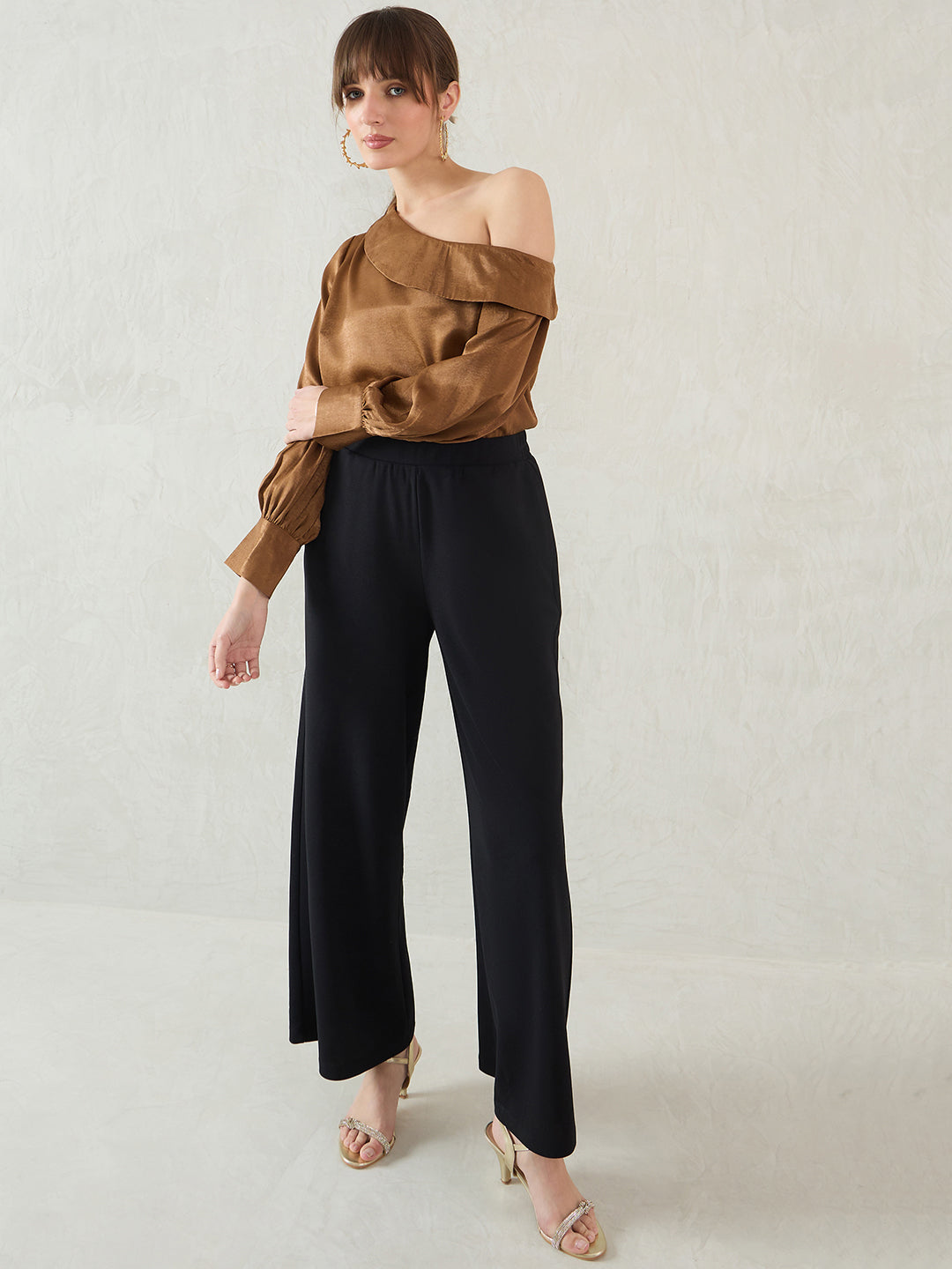Brown One Shoulder Detail Satin Top