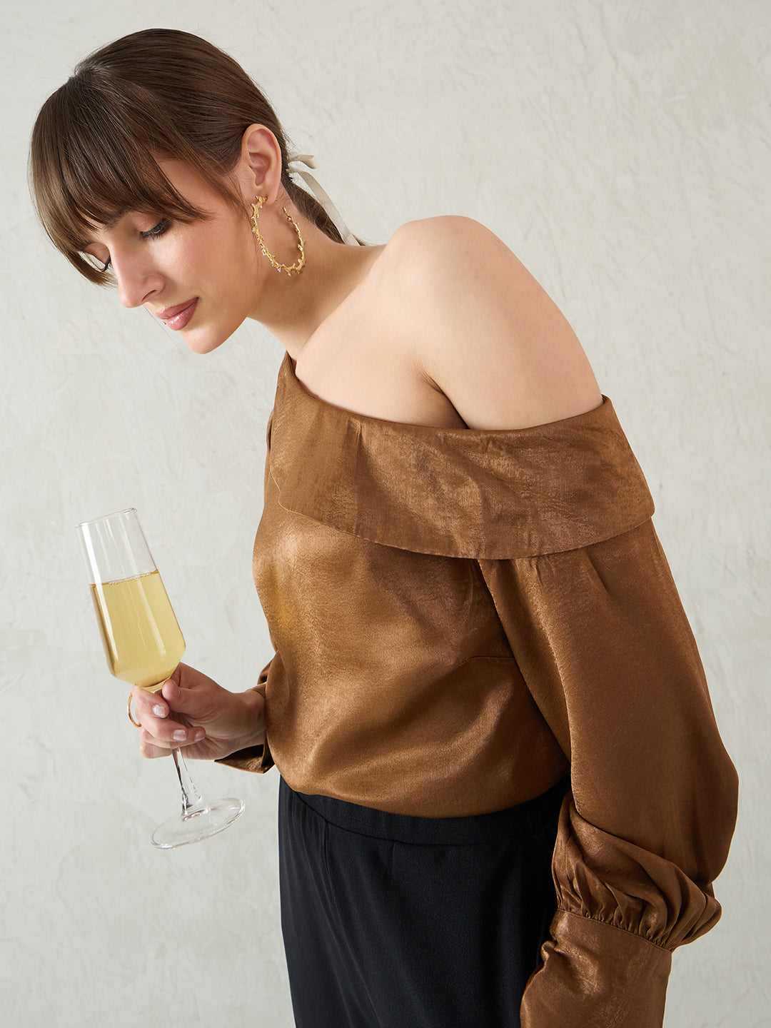 Brown One Shoulder Detail Satin Top