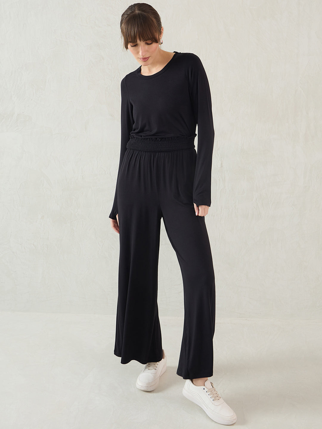 Bamboo Black Knit Smocking Detail Wide-leg Pants