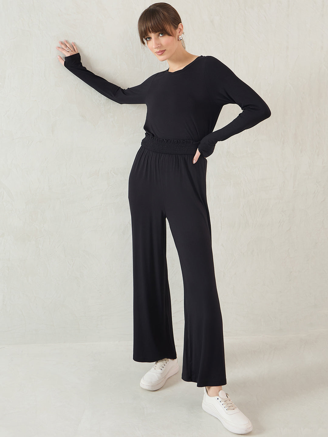 Bamboo Black Knit Smocking Detail Wide-leg Pants