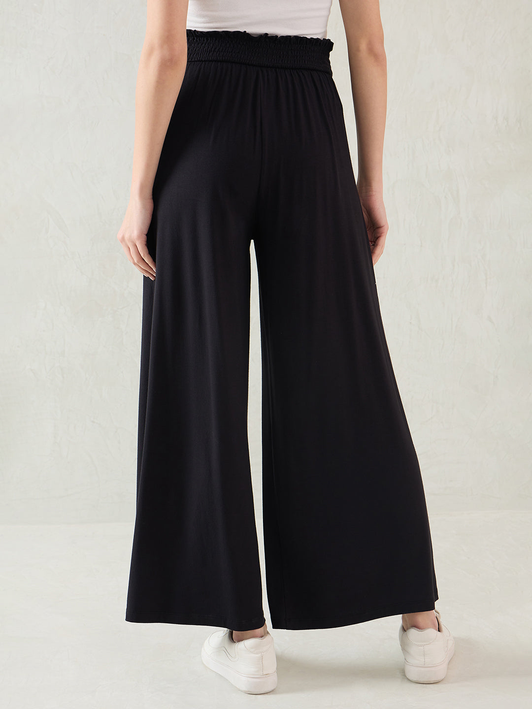 Bamboo Black Knit Smocking Detail Wide-leg Pants