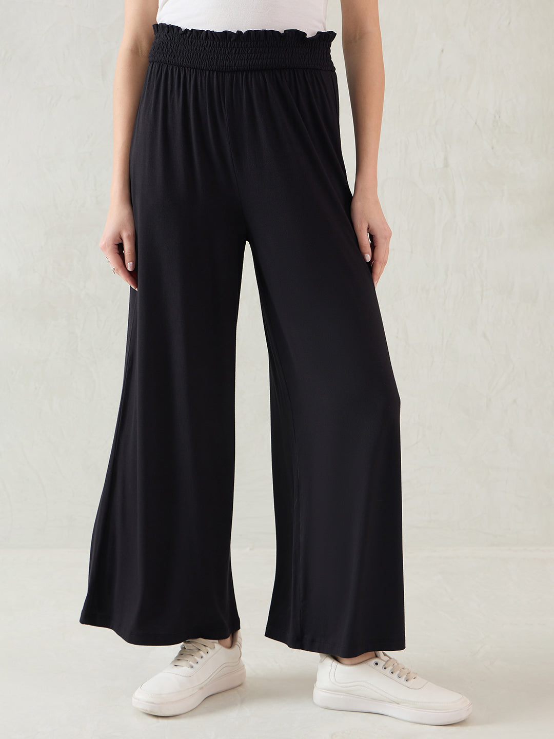 Bamboo Black Knit Smocking Detail Wide-leg Pants