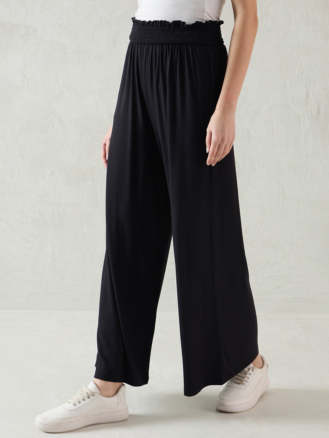 Bamboo Black Knit Smocking Detail Wide-leg Pants