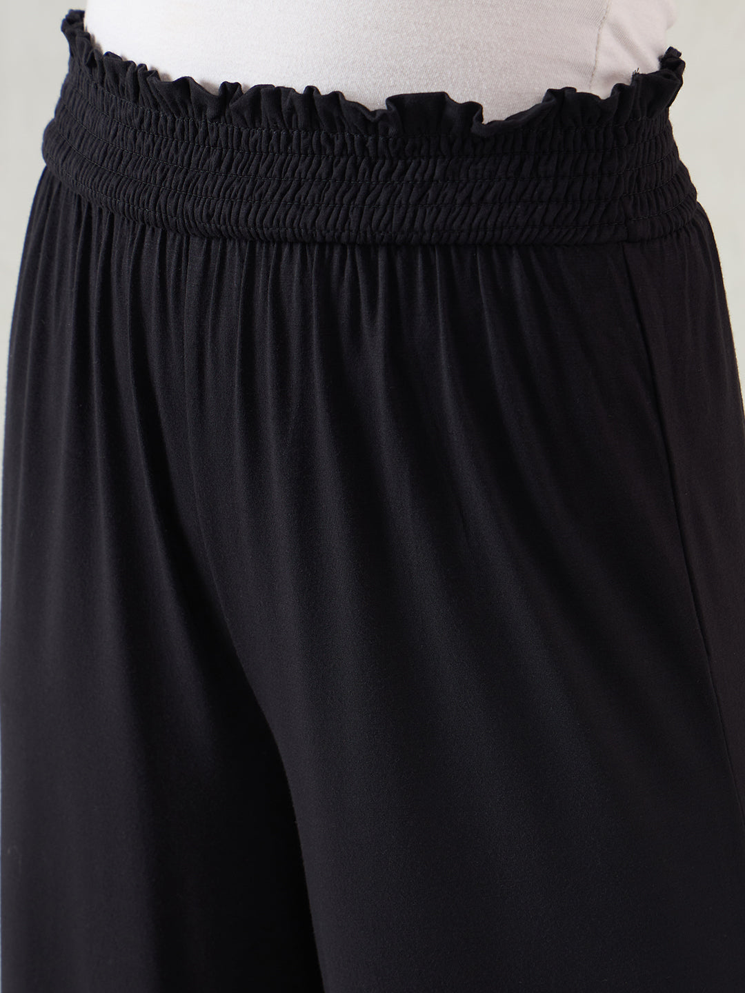 Bamboo Black Knit Smocking Detail Wide-leg Pants