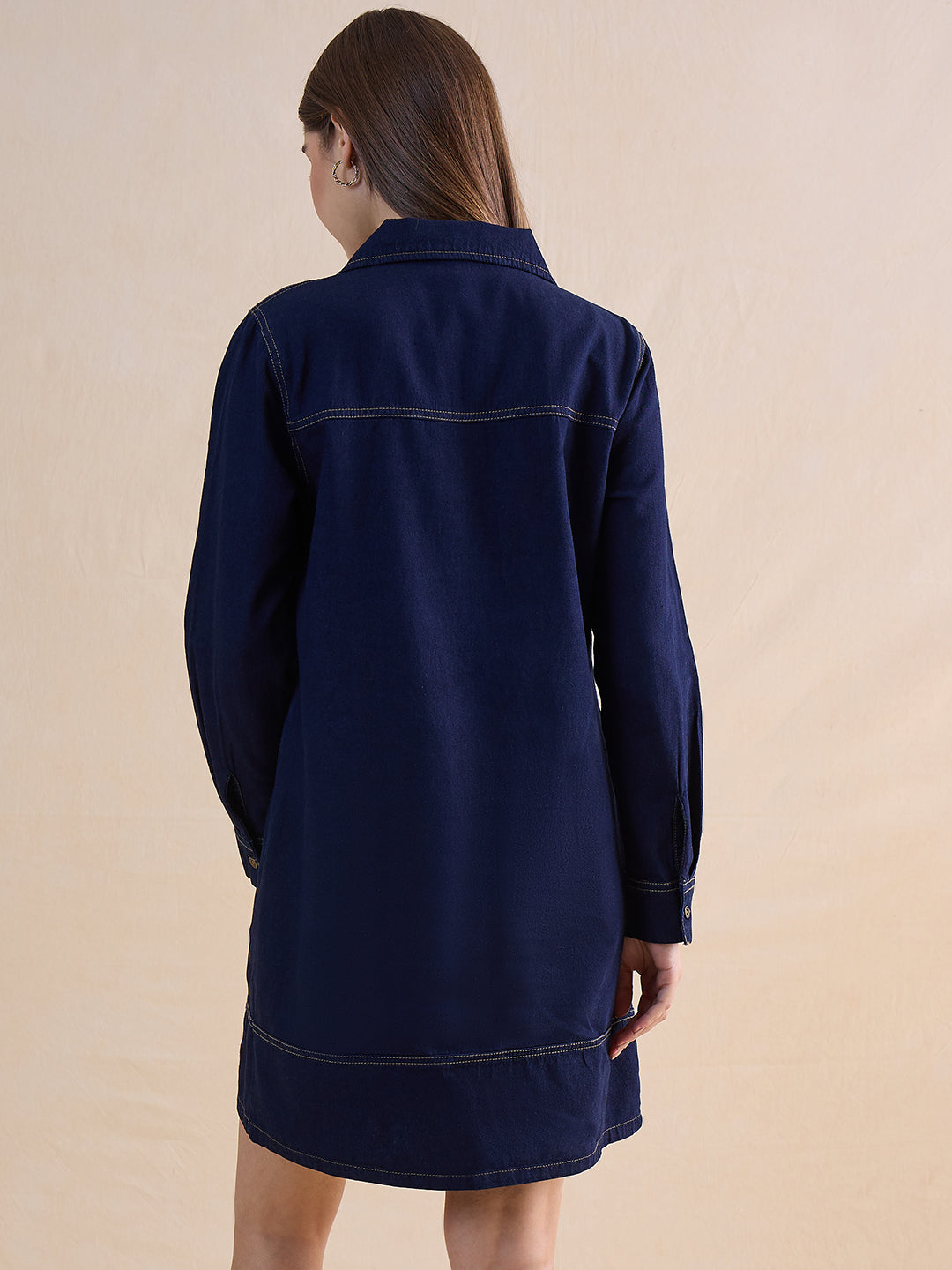 Navy Blue Half Zip-Up Denim Dress